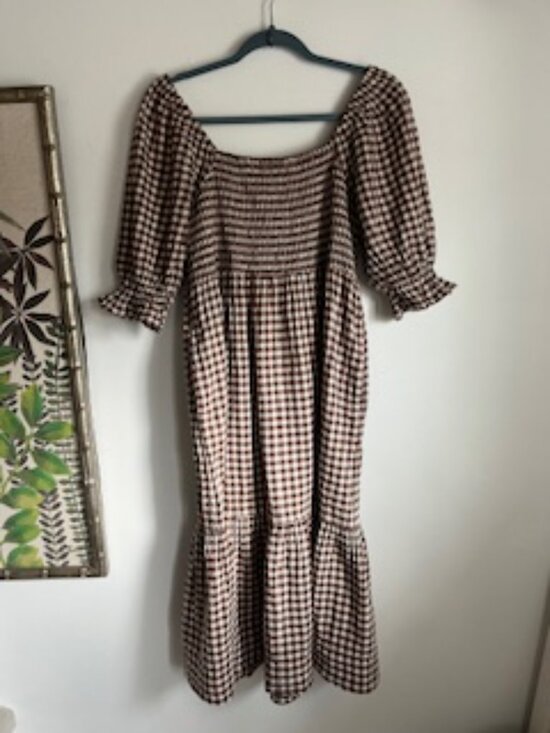 Madewell Lucie Elbow-Sleeve Smocked Gingham Midi Dress Two Pockets Women's M - Picture 3 of 15